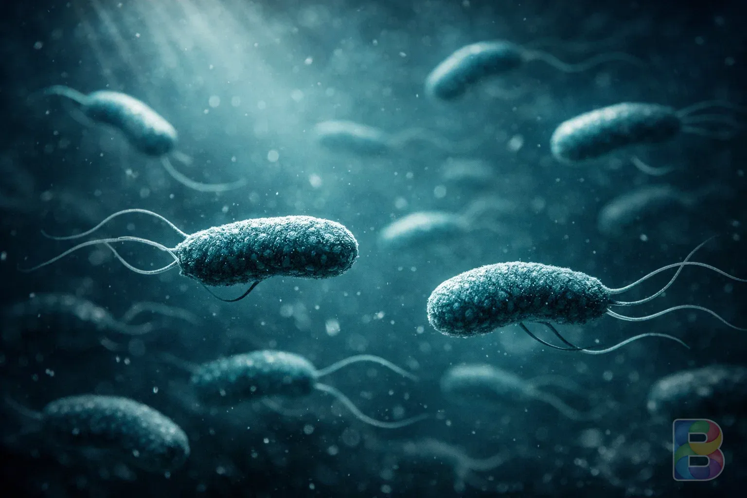 photorealistic, microscopic view of Vibrio vulnificus bacteria swimming in seawater, blue and teal tones, cinematic lighting, high detail