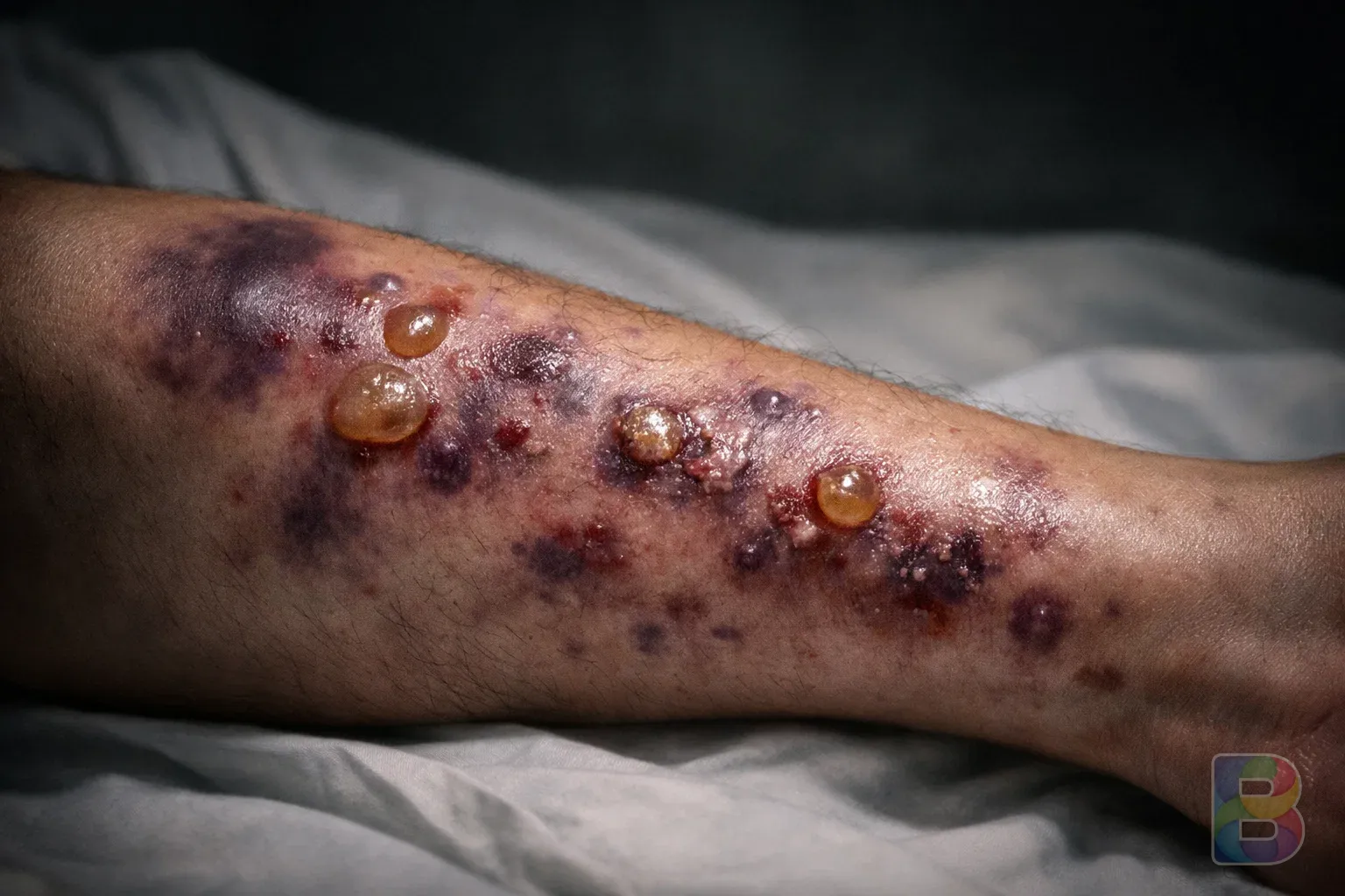 photorealistic, close-up of a person's lower leg showing initial purple skin lesions and blisters, clinical documentary style, dramatic lighting