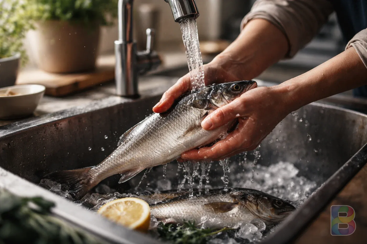 photorealistic, a pair of hands washing fresh fish under running water in a bright kitchen, water droplets, sensory detail, high contrast