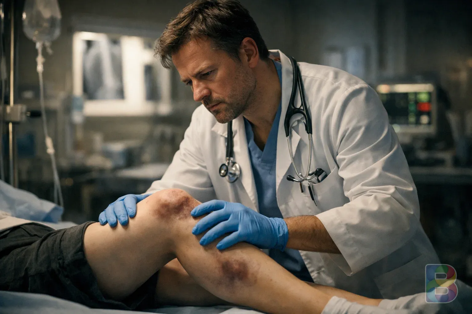 photorealistic, medical doctor checking a patient's leg in an emergency room, stethoscope, blue surgical gloves, professional and urgent mood
