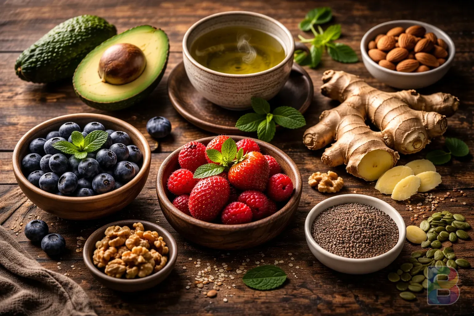 photorealistic, overhead shot of 7 healthy foods including avocado, green tea, ginger, and berries arranged artistically on a wooden table, cinematic lighting
