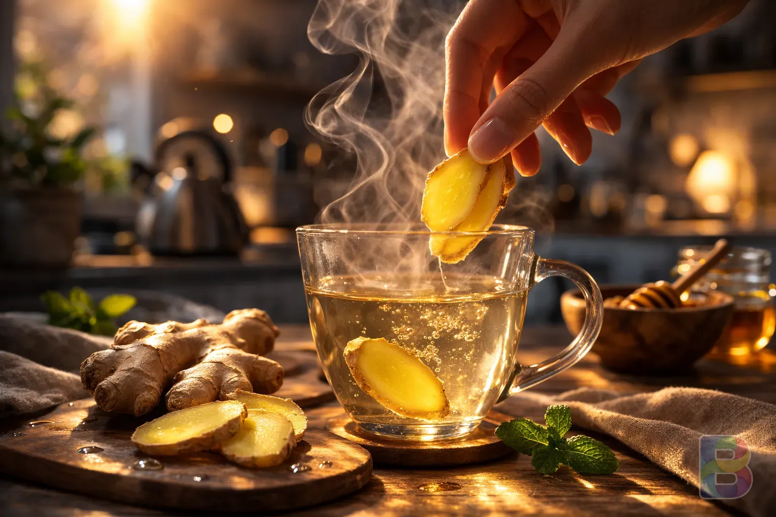 photorealistic, close-up of a hand adding fresh ginger slices to hot water in a glass cup, steam rising, cozy kitchen background, cinematic lighting