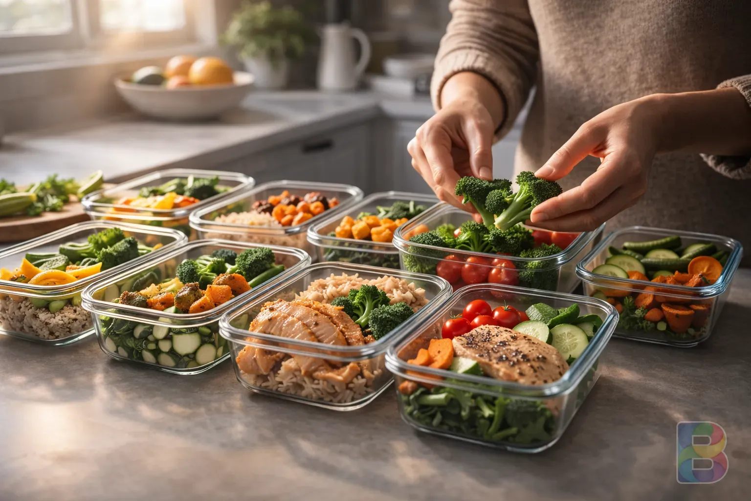 photorealistic, a person organizing a weekly meal prep with fresh vegetables and lean proteins in glass containers, bright clean kitchen, cinematic lighting