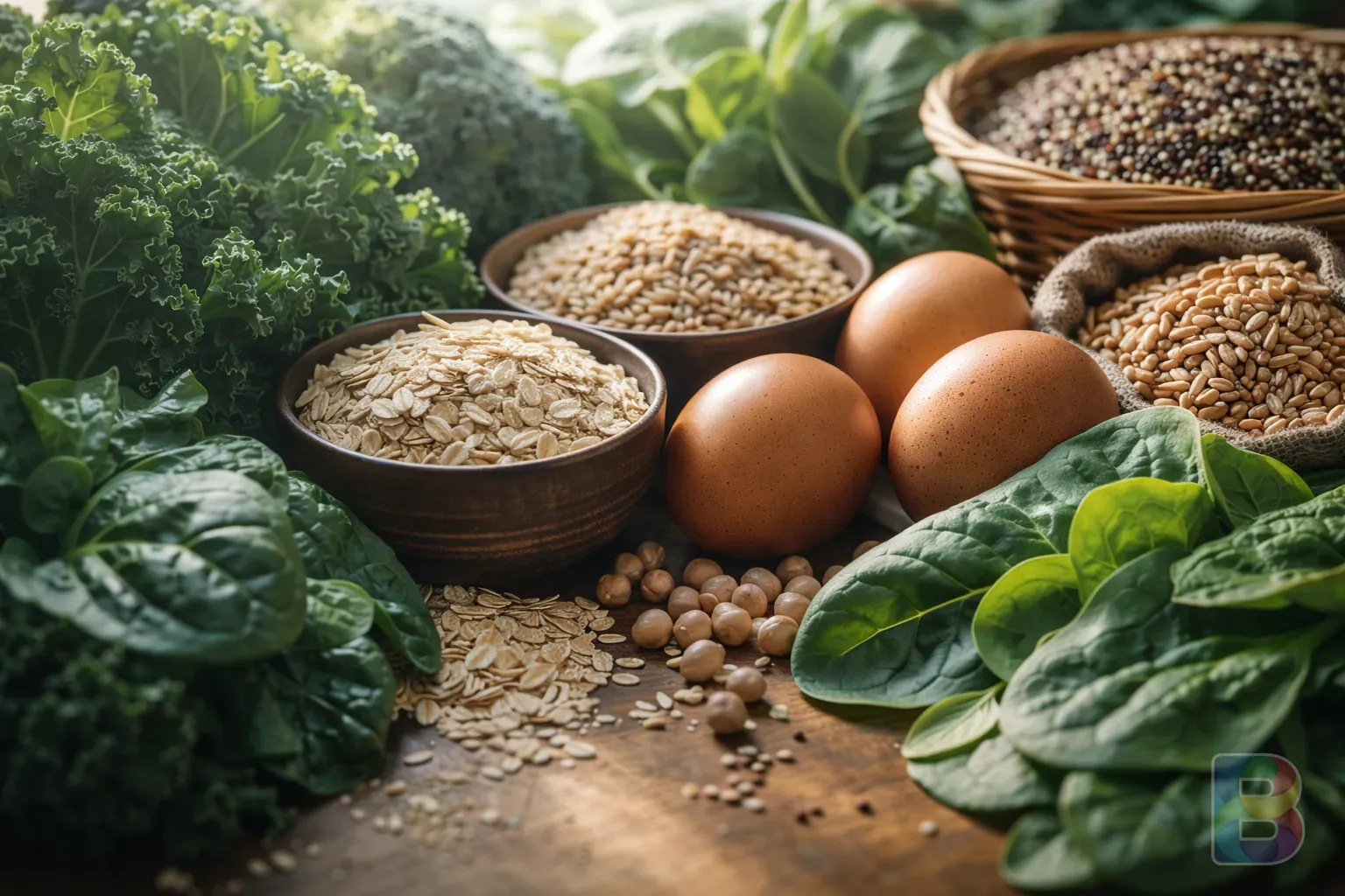 photorealistic, close-up of various whole foods like grains, eggs, and leafy greens arranged artistically, vibrant colors, high detail, natural soft lighting