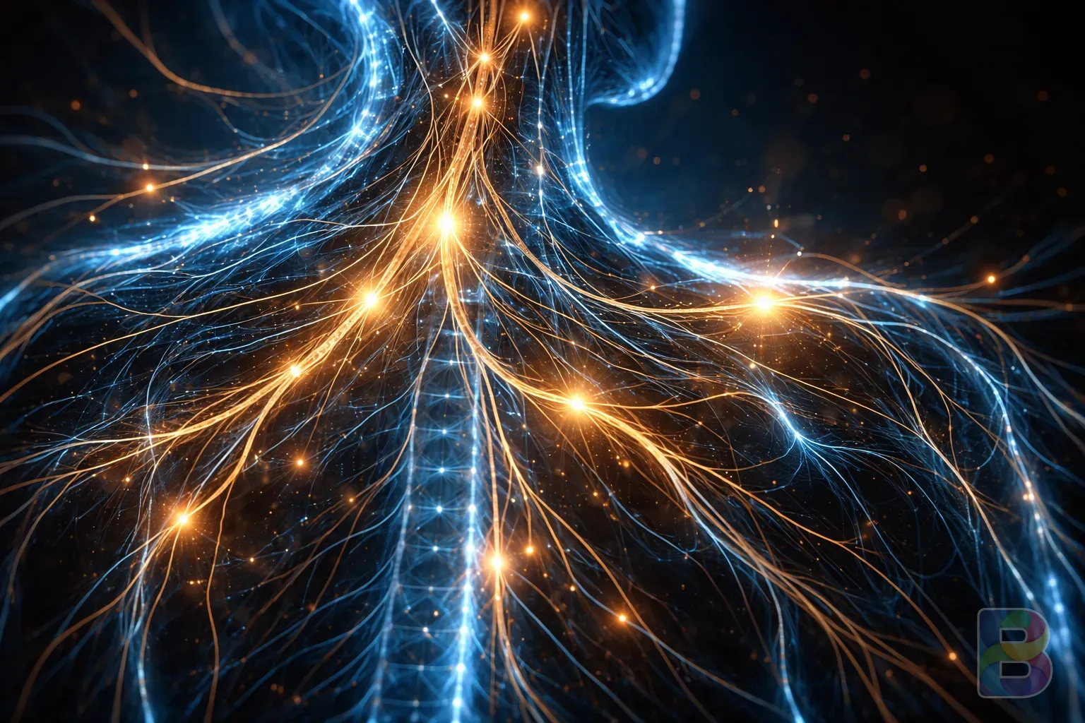 photorealistic, conceptual image of glowing energy flowing through human nerves, blue and gold light, dark background, cinematic and scientific mood