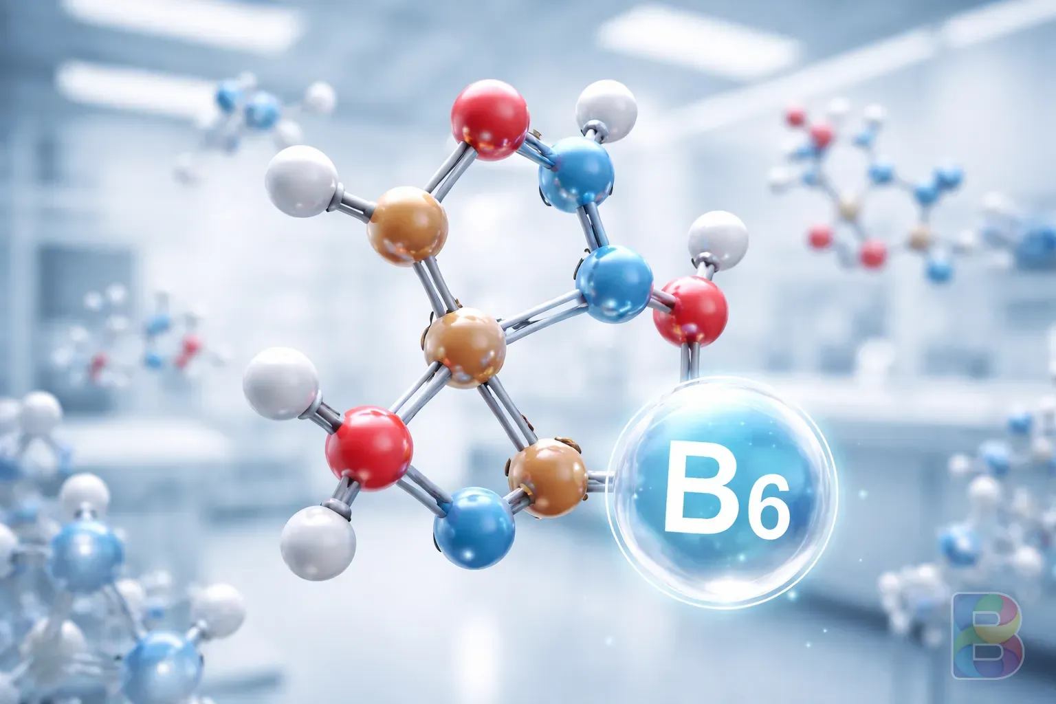 photorealistic, detailed molecular structure of vitamin B6 floating in a clean medical laboratory setting, soft blue and white lighting, cinematic scientific aesthetic