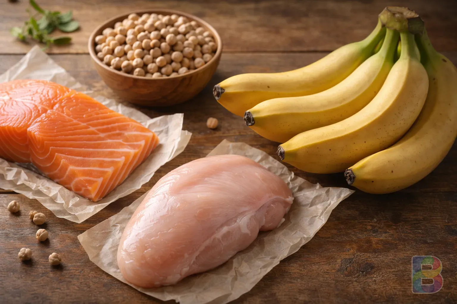 photorealistic, a vibrant assortment of salmon, chicken breast, chickpeas, and bananas on a rustic wooden table, soft natural light, high detail food photography