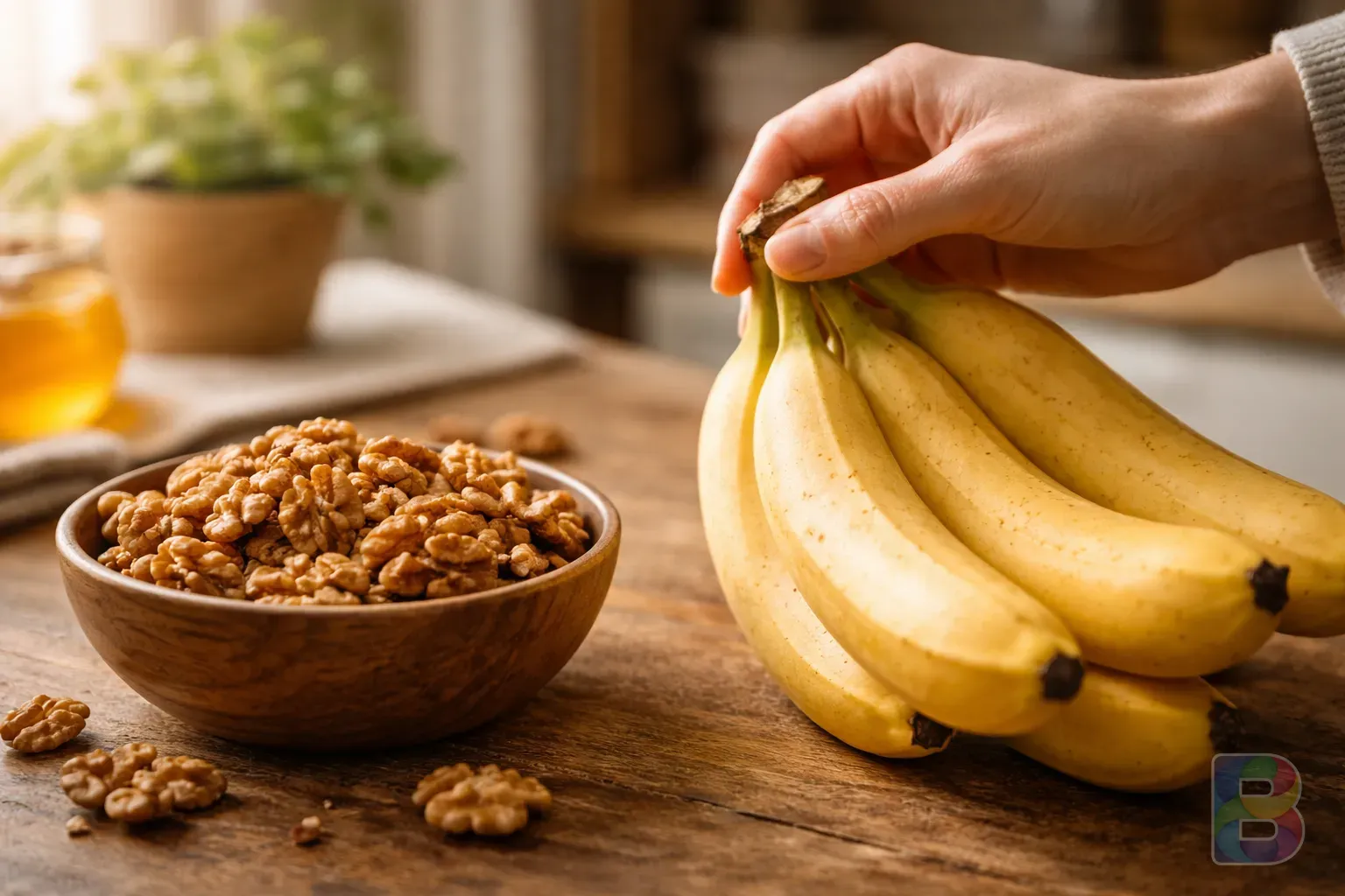 photorealistic, a person's hand picking up a fresh banana and a bowl of walnuts, focus on the texture of the fruit, warm home kitchen background, cinematic lighting