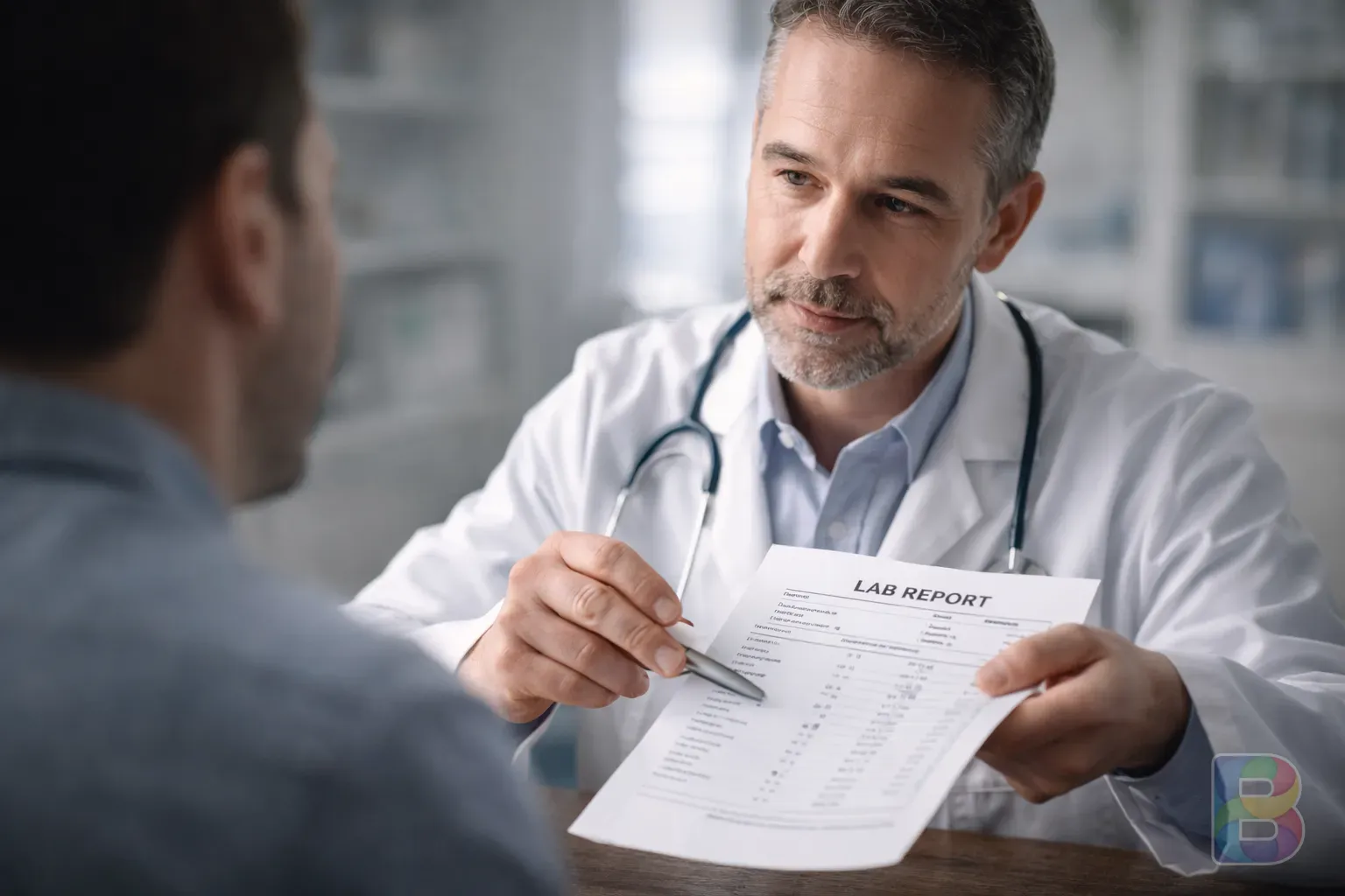 photorealistic, doctor in a white coat calmly explaining a lab report to a patient, soft clinical environment, focused and reassuring mood