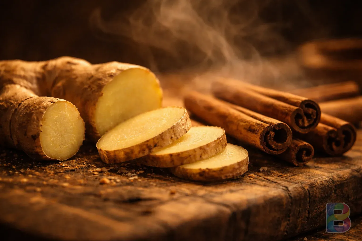 photorealistic, macro shot of sliced ginger and cinnamon sticks on a wooden surface, steam rising in the background, warm moody lighting, cinematic food photography