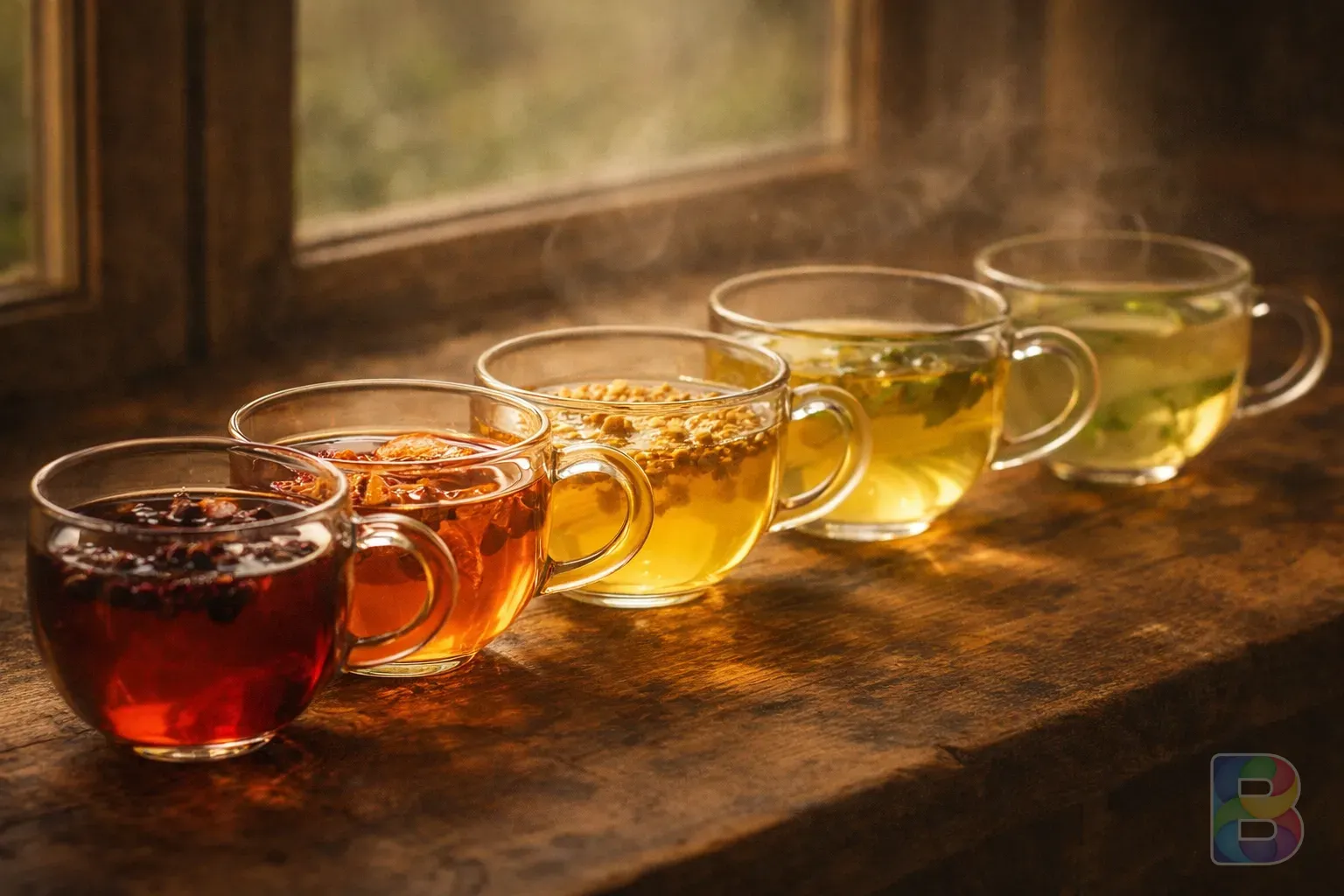 photorealistic, aesthetic arrangement of five different herbal teas in glass cups, variety of colors from deep orange to pale yellow, natural window light, calm atmosphere