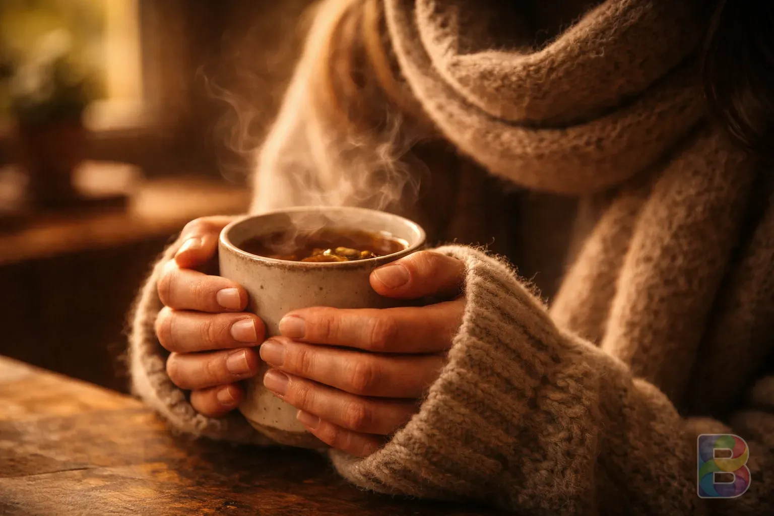 photorealistic, person holding a warm tea cup with steam, wearing a cozy wool scarf, soft blurry interior background, emotional comfort, cinematic lighting