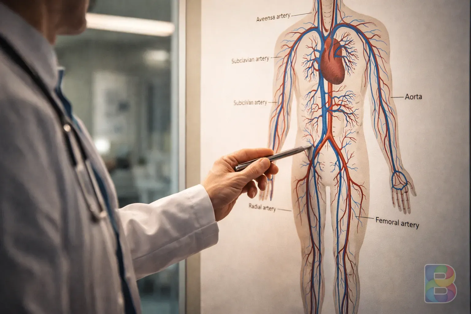 photorealistic, clinical setting, a medical professional pointing at a vascular diagram, focused lighting, professional and reassuring mood