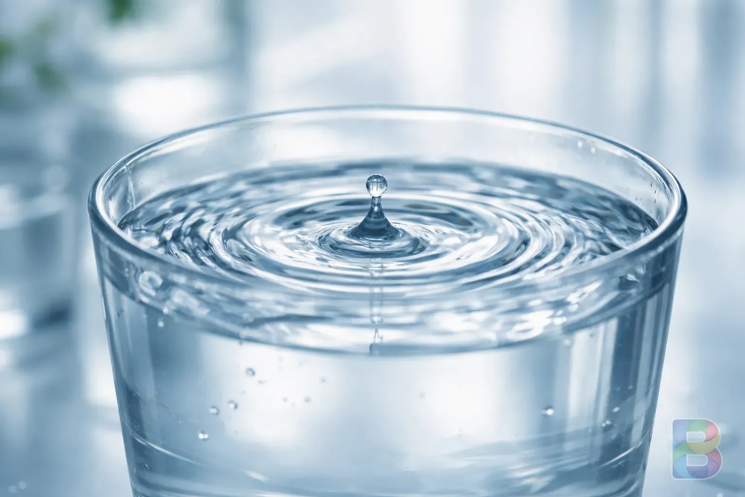 photorealistic, macro shot of water ripples in a glass, clean and clinical environment, soft natural light, symbolizing hydration and purity, cinematic atmosphere