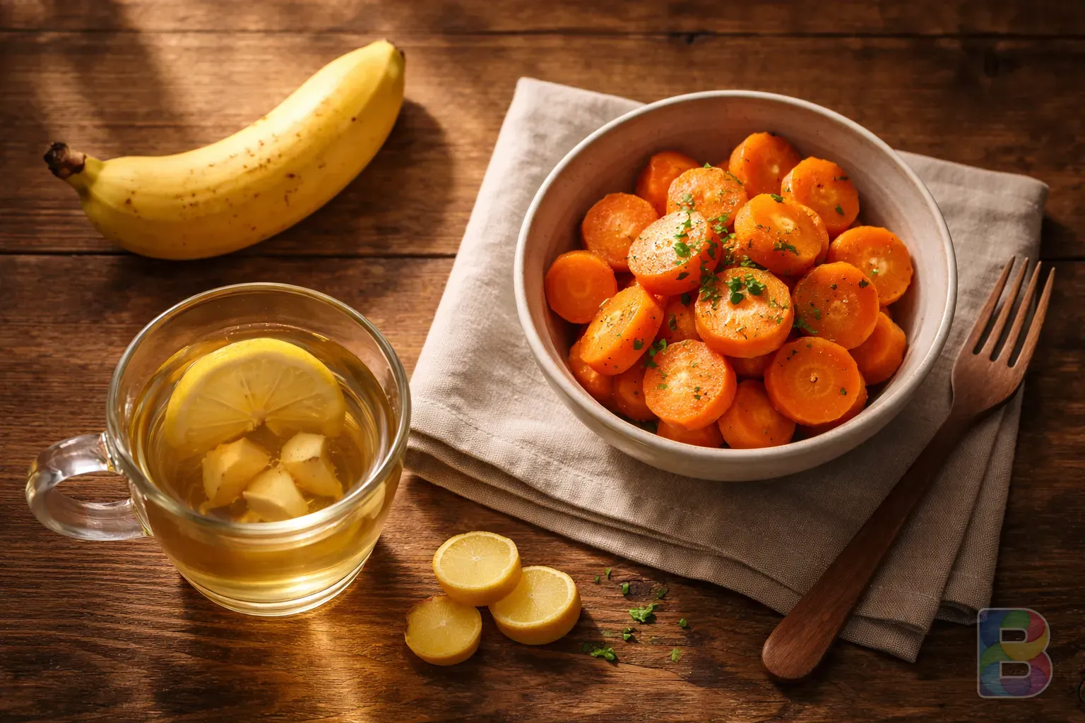 photorealistic, top-down view of a simple healthy meal, a banana, a bowl of steamed carrots, and ginger tea, clean wooden background, soft morning light, cinematic colors