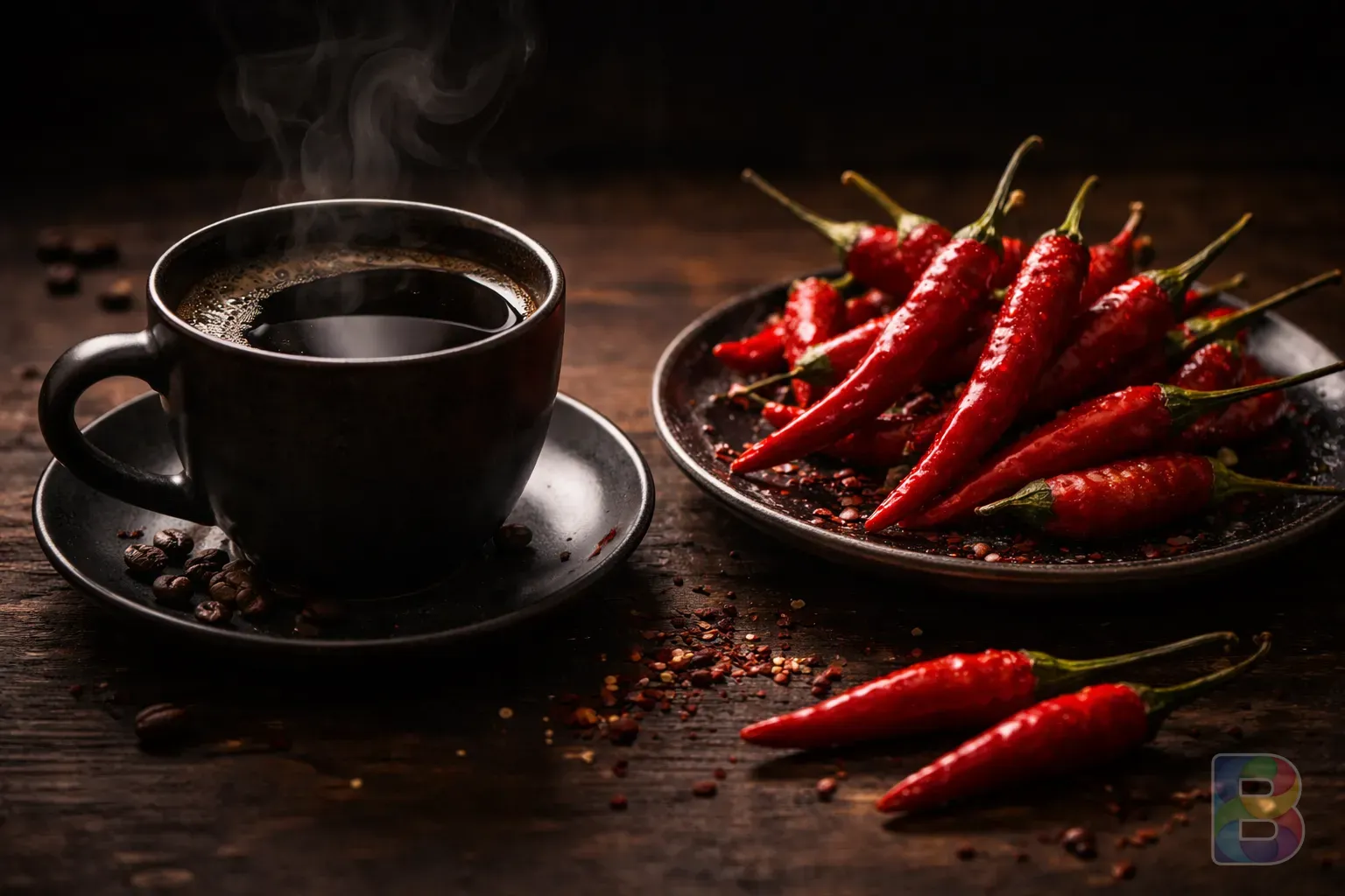 photorealistic, dark moody shot of a cup of black coffee and a plate of spicy chili peppers, contrasting with a soft background, representing forbidden foods, cinematic lighting