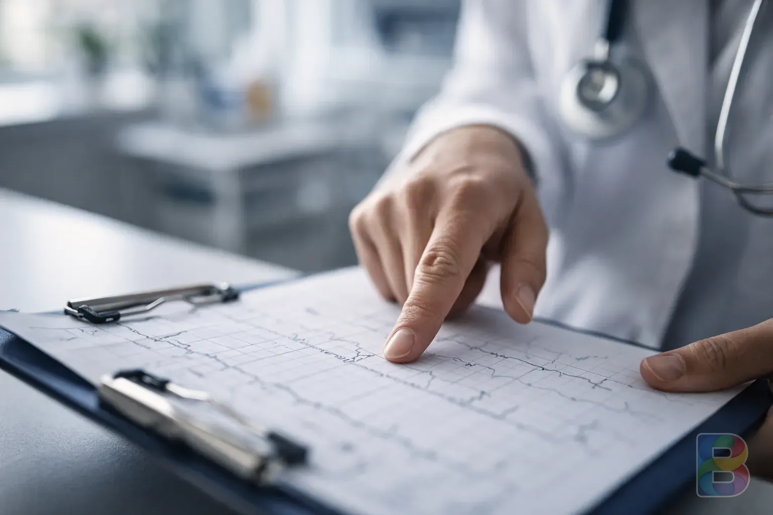 photorealistic, close-up of a doctor's hand pointing at a medical chart, clean professional clinic setting, reassuring light, high quality photography