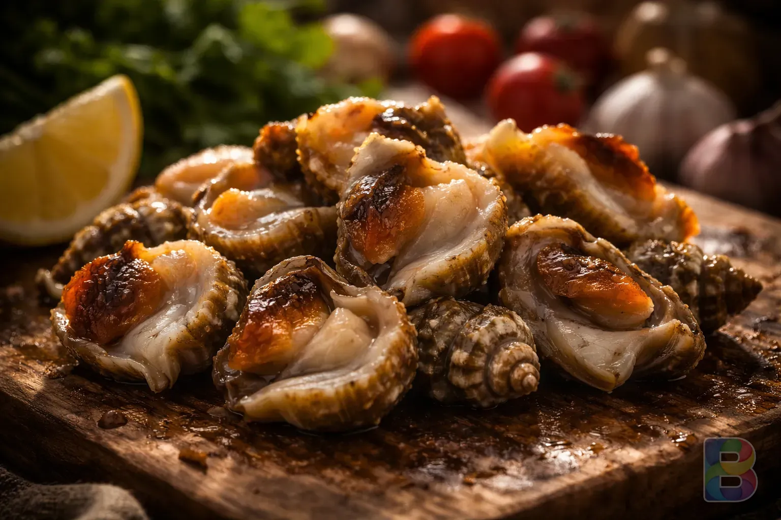 photorealistic, macro shot of sliced whelks showing texture, golden sunlight hitting the surface, fresh vegetables in background, high detail