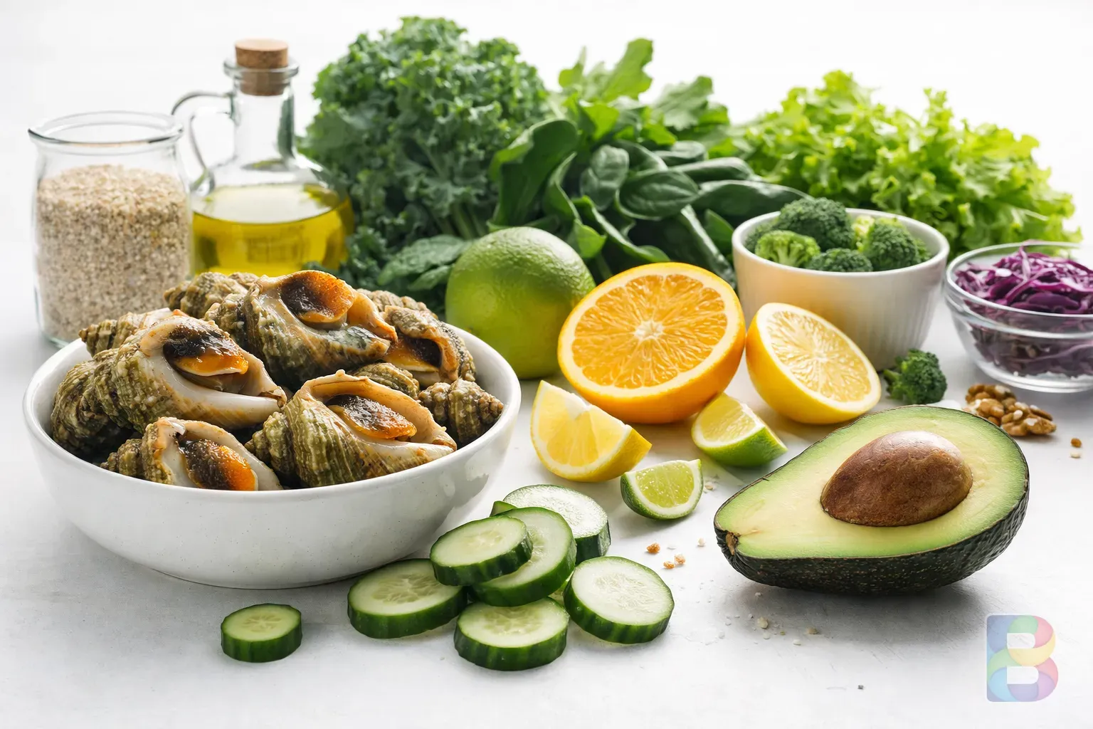 photorealistic, variety of healthy food ingredients including whelks, leafy greens, and citrus, bright clean composition, clinical but aesthetic