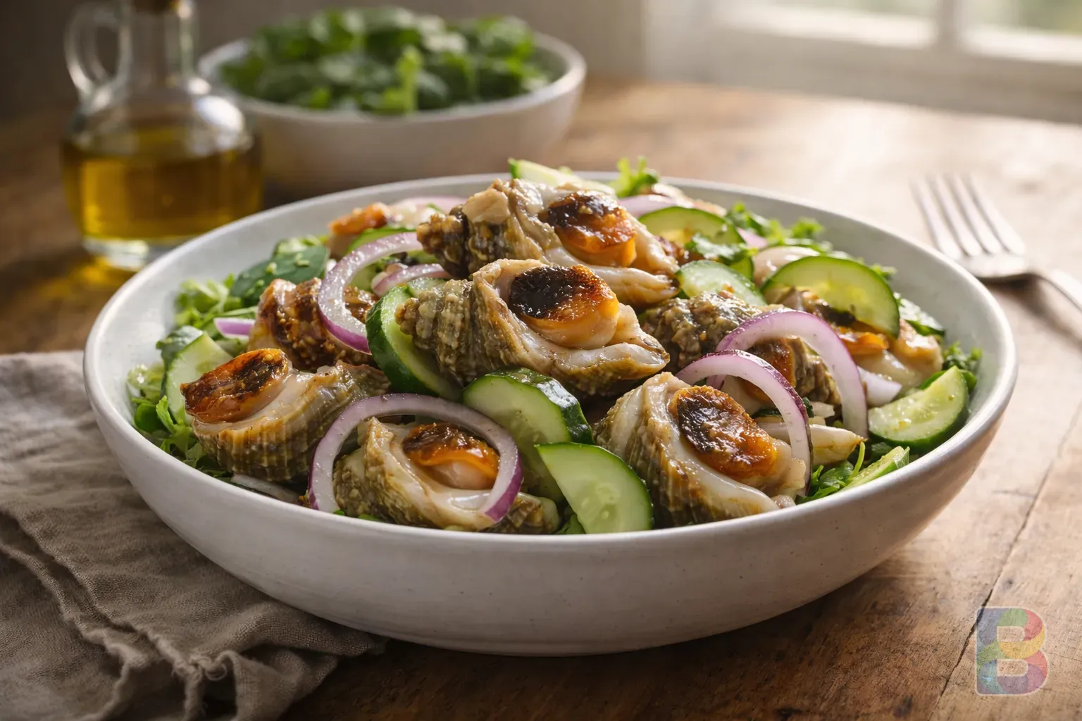 photorealistic, fresh whelk salad with cucumbers and onions, light dressing, clean wooden table, natural window lighting