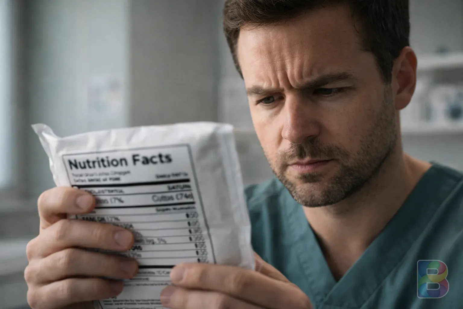 photorealistic, close-up of a person looking concerned at a food label, clinical setting, soft professional tones