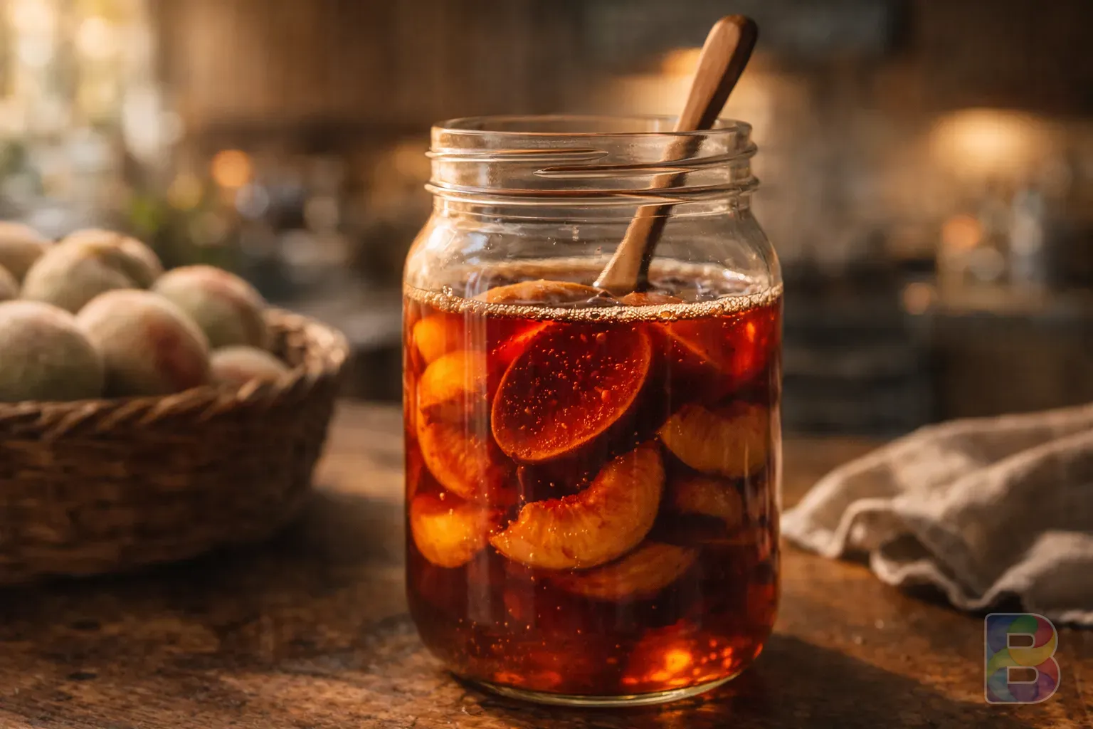 photorealistic, glass jar filled with wild peach enzyme extract, dark amber liquid, wooden spoon, warm kitchen atmosphere, cinematic lighting