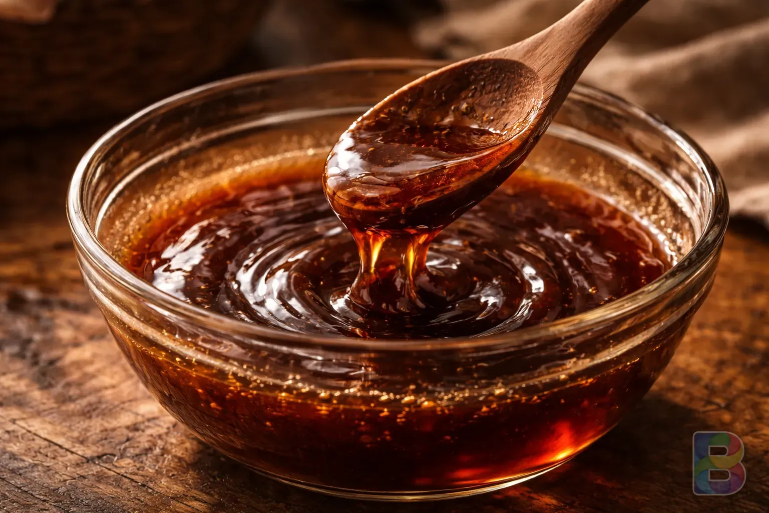 photorealistic, wooden spoon stirring a dark brown syrup in a glass bowl, sticky texture, high contrast, warm moody lighting