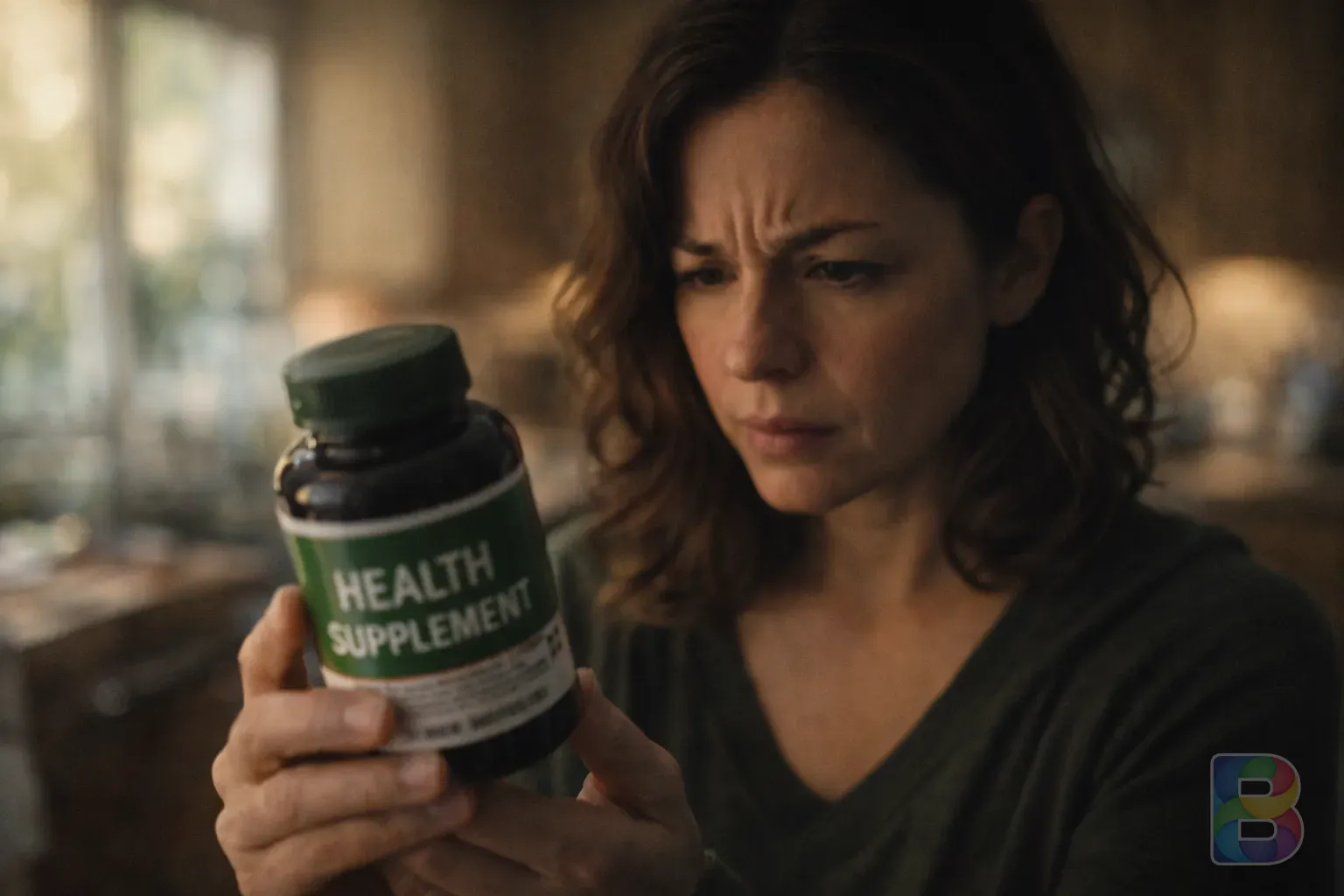 photorealistic, close-up of a person looking at a health supplement bottle with a worried expression, soft focus, indoor daytime lighting