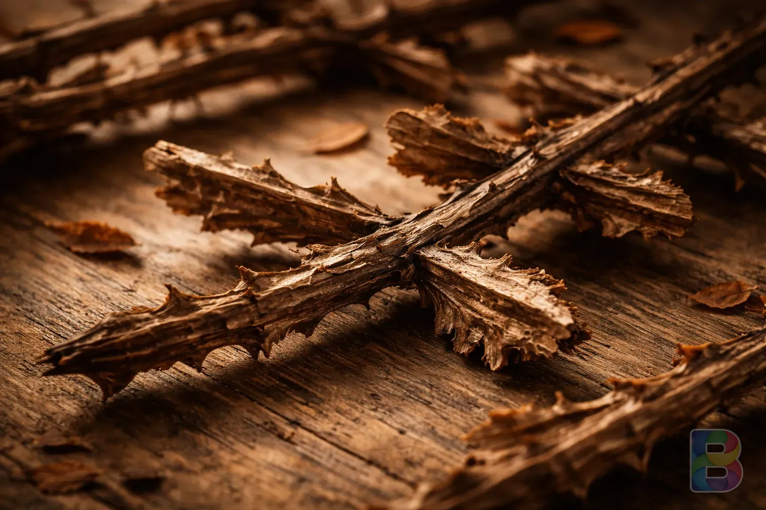 photorealistic, macro shot of dried winged spindle tree wings (cork wings) and twigs, rustic wooden background, warm moody tones, cinematic lighting