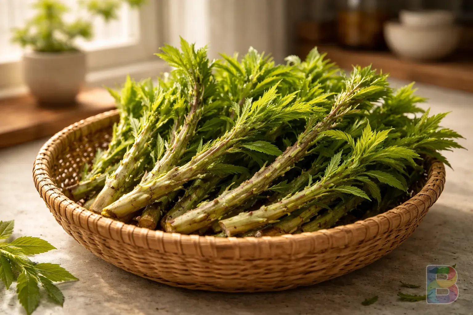 photorealistic, fresh green winged spindle tree shoots (홑잎나물) in a woven basket, soft morning light, kitchen counter background, natural and fresh mood