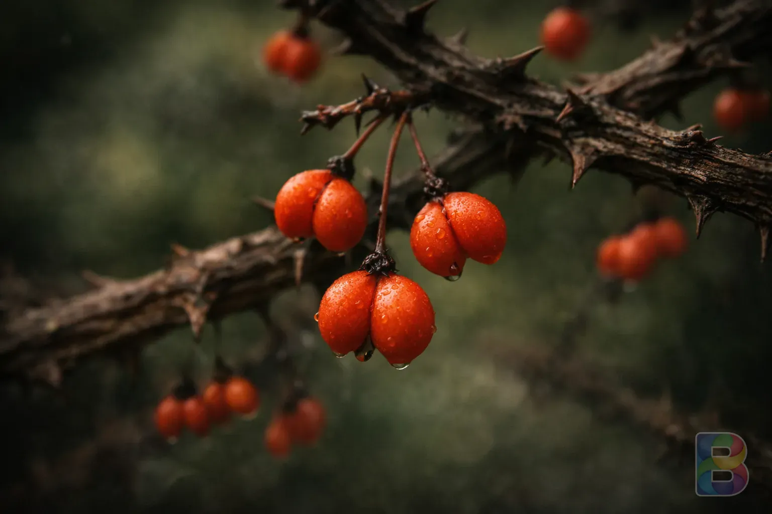 photorealistic, close-up of small orange-red berries of a winged spindle tree, blurry green background, warning feel, macro photography
