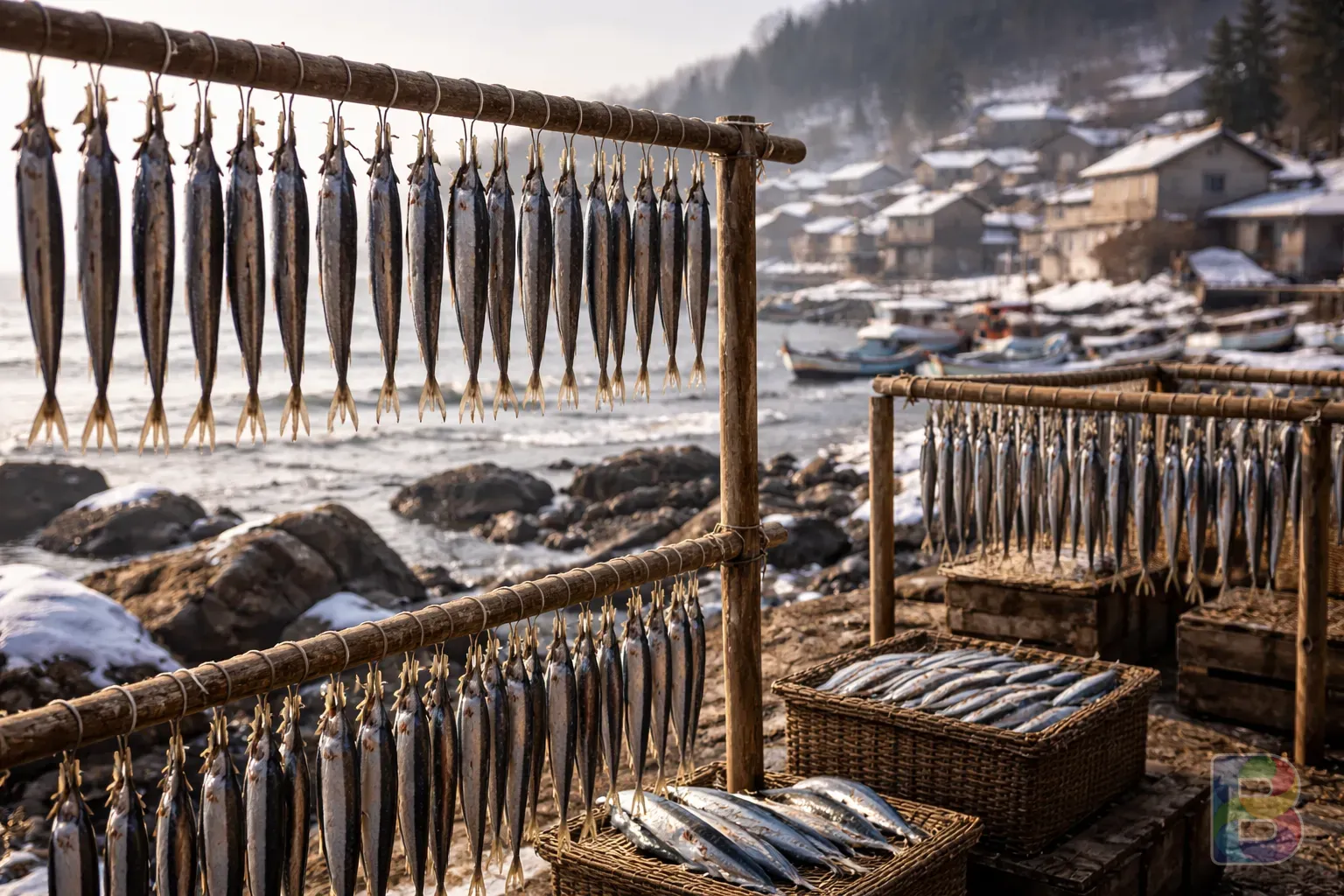 photorealistic, outdoor drying racks with fish hanging in a coastal village, winter sea background, soft natural morning light, cinematic wide shot