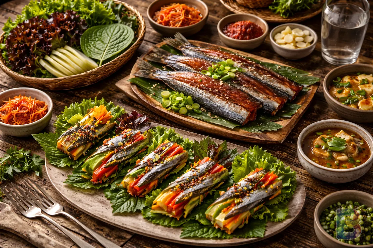 photorealistic, top down view of a healthy dinner table with Gwamegi and colorful vegetable wraps, vibrant colors, cinematic soft lighting