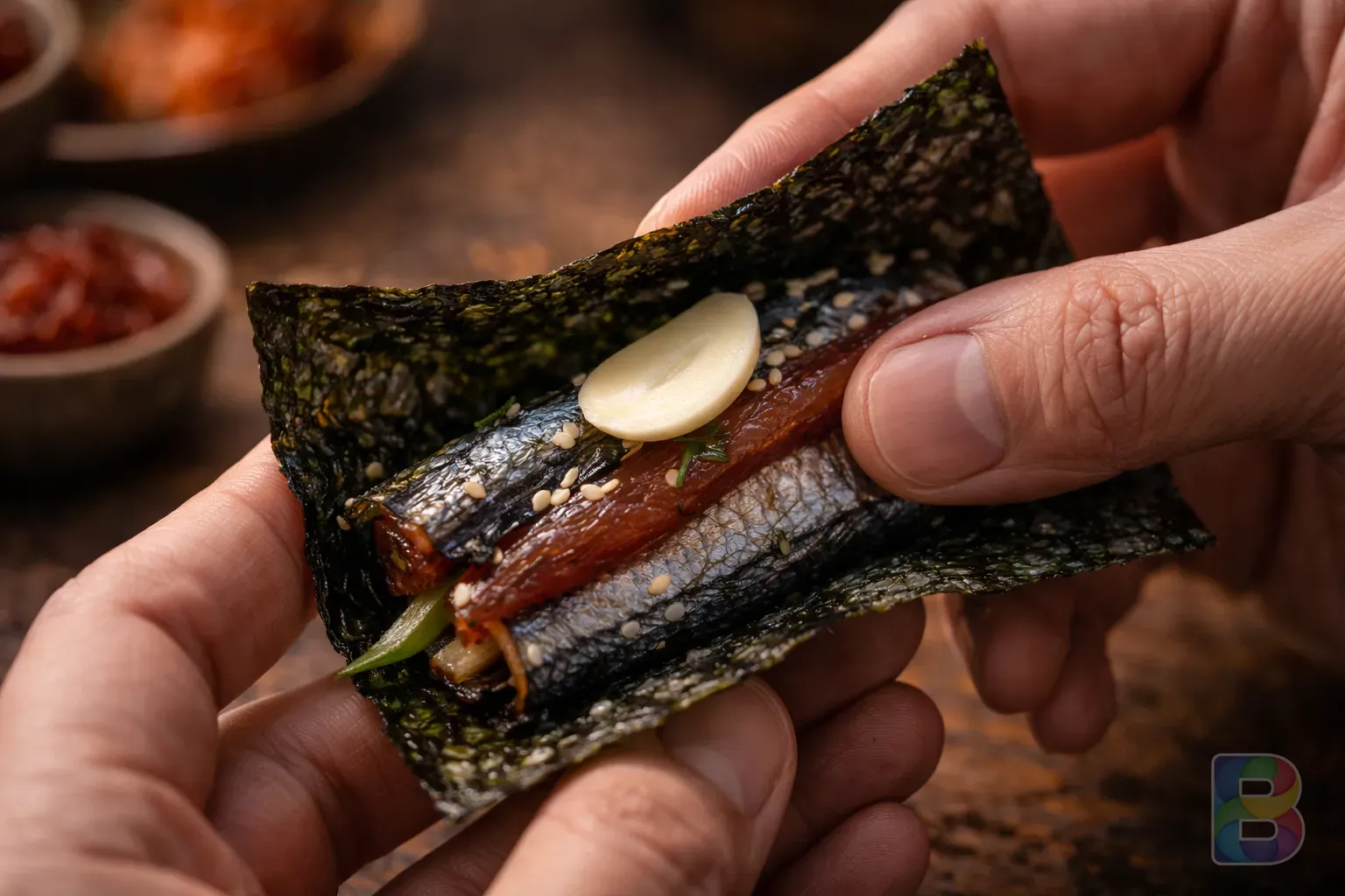 photorealistic, close-up of fingers wrapping Gwamegi in a piece of seaweed with a slice of garlic, extreme detail, cinematic lighting, warm kitchen mood
