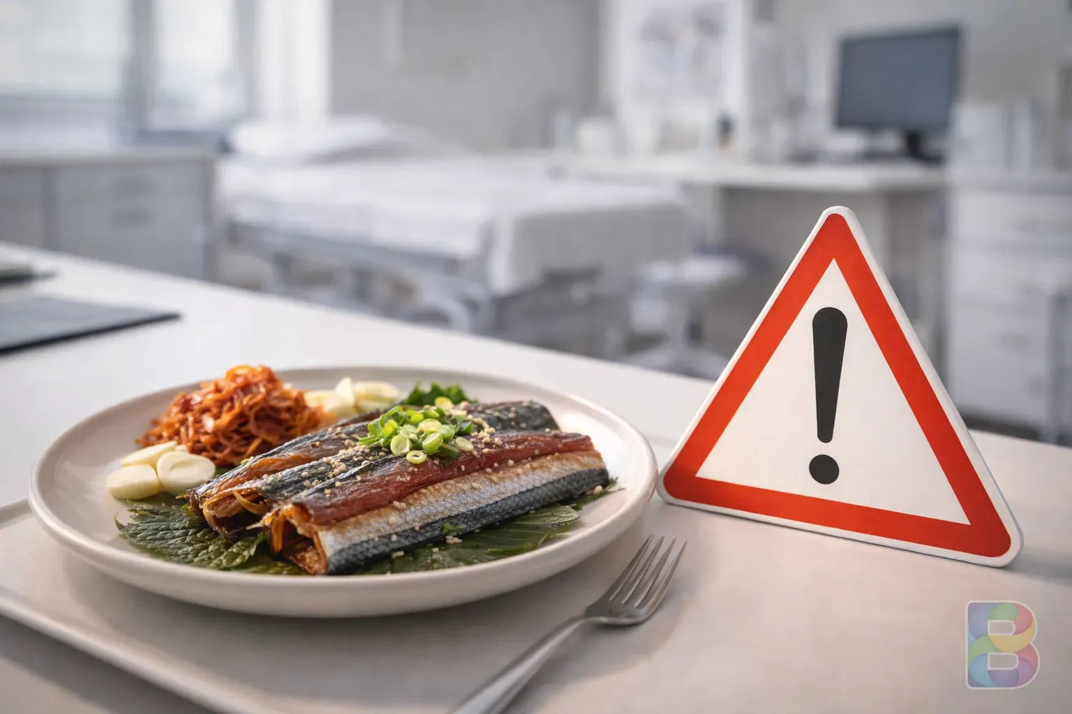 photorealistic, a warning sign next to a plate of food, clinical but professional atmosphere, soft focus on the background clinic, high detail