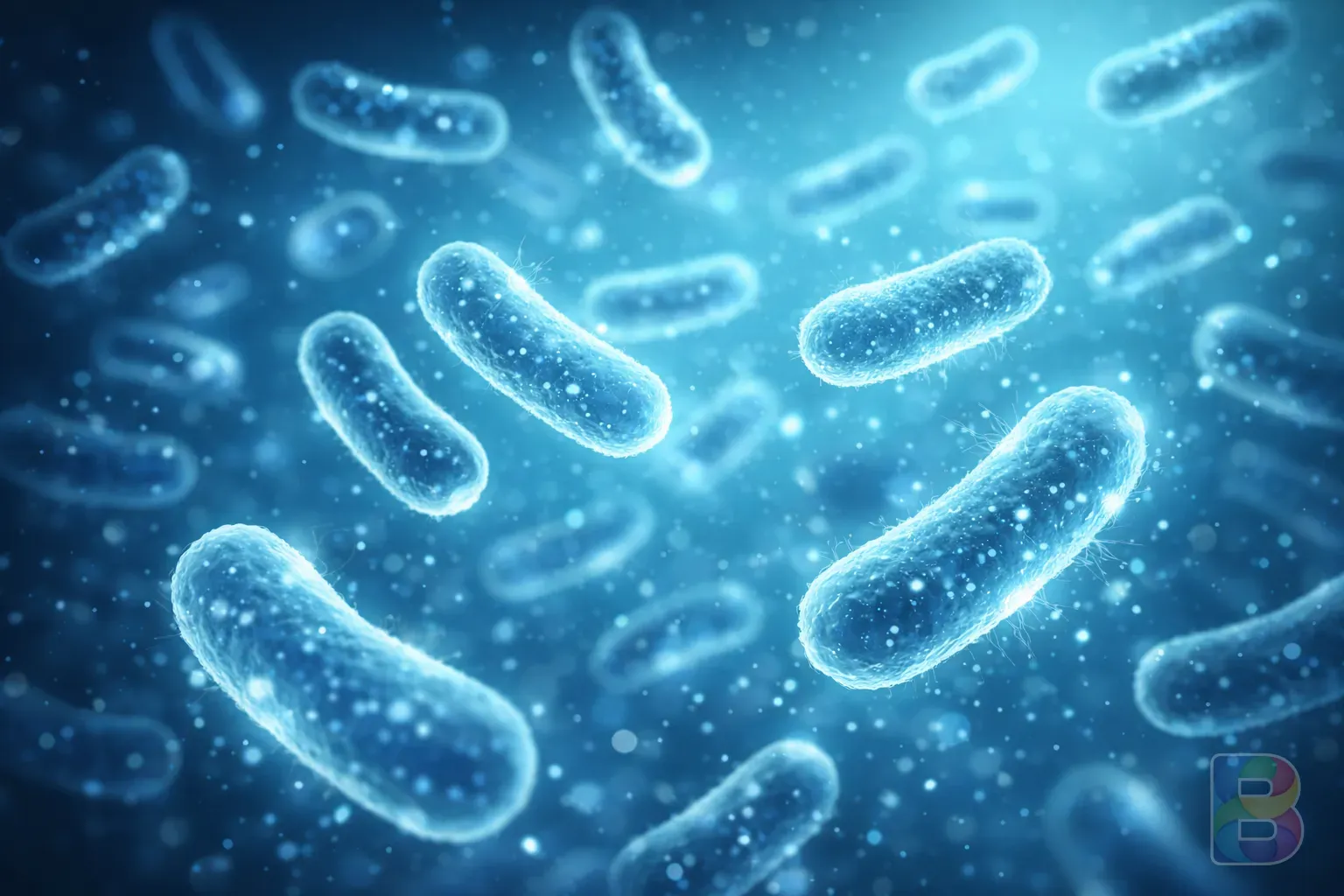 photorealistic, abstract representation of microscopic probiotics glowing softly in a clean blue environment, high-tech medical visualization, cinematic lighting