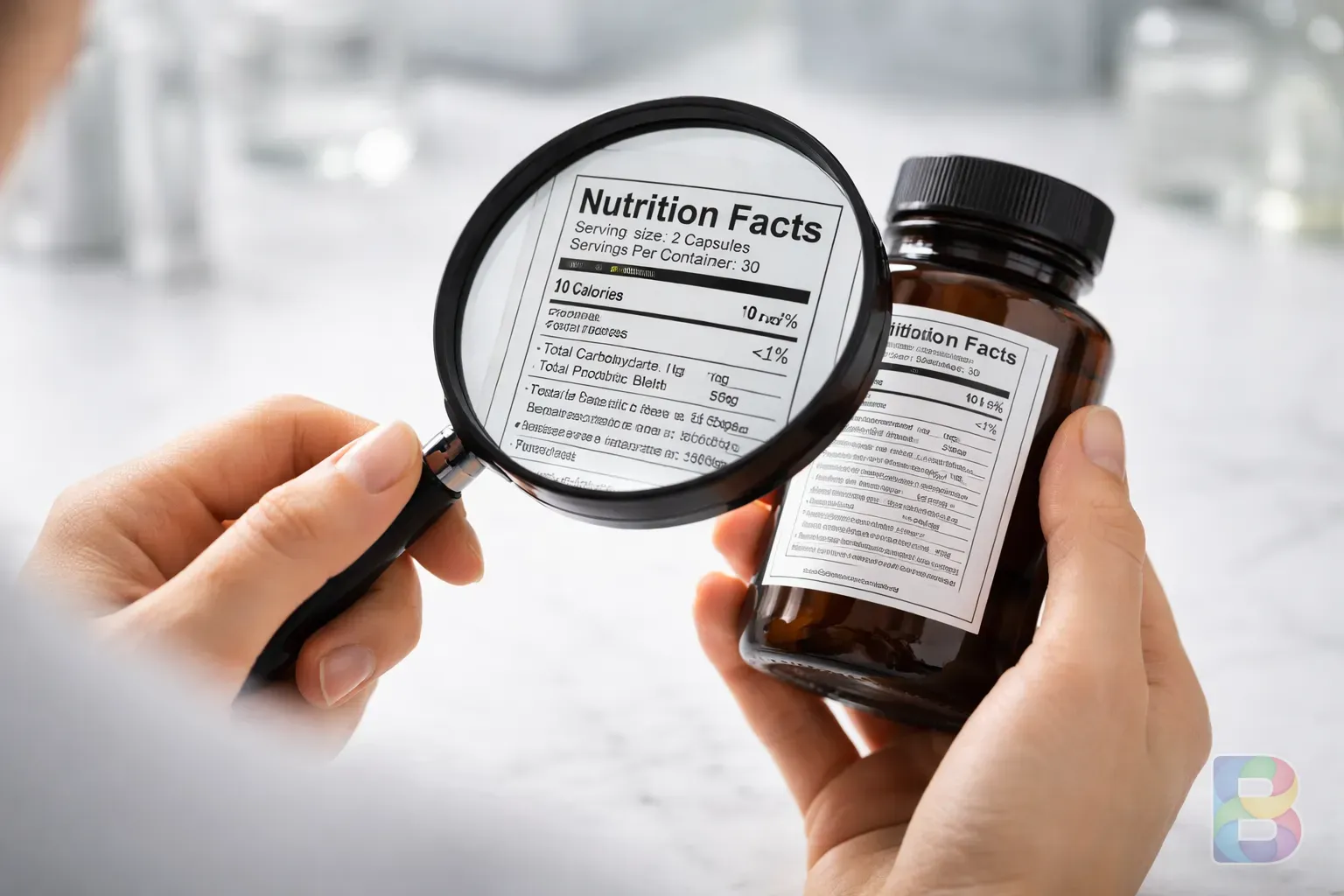 photorealistic, close-up of a person reading a nutrition label on a supplement bottle with a magnifying glass, focus on details, clean laboratory background