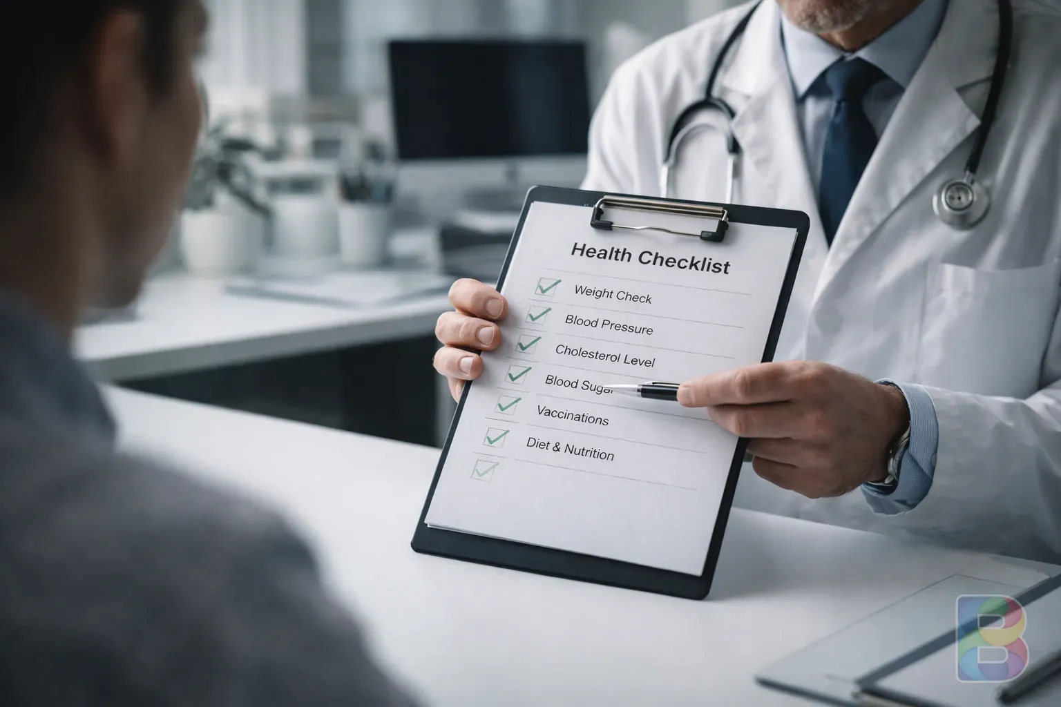 photorealistic, a modern medical clinic consultation room, a doctor pointing at a health checklist, clean and professional, cinematic lighting
