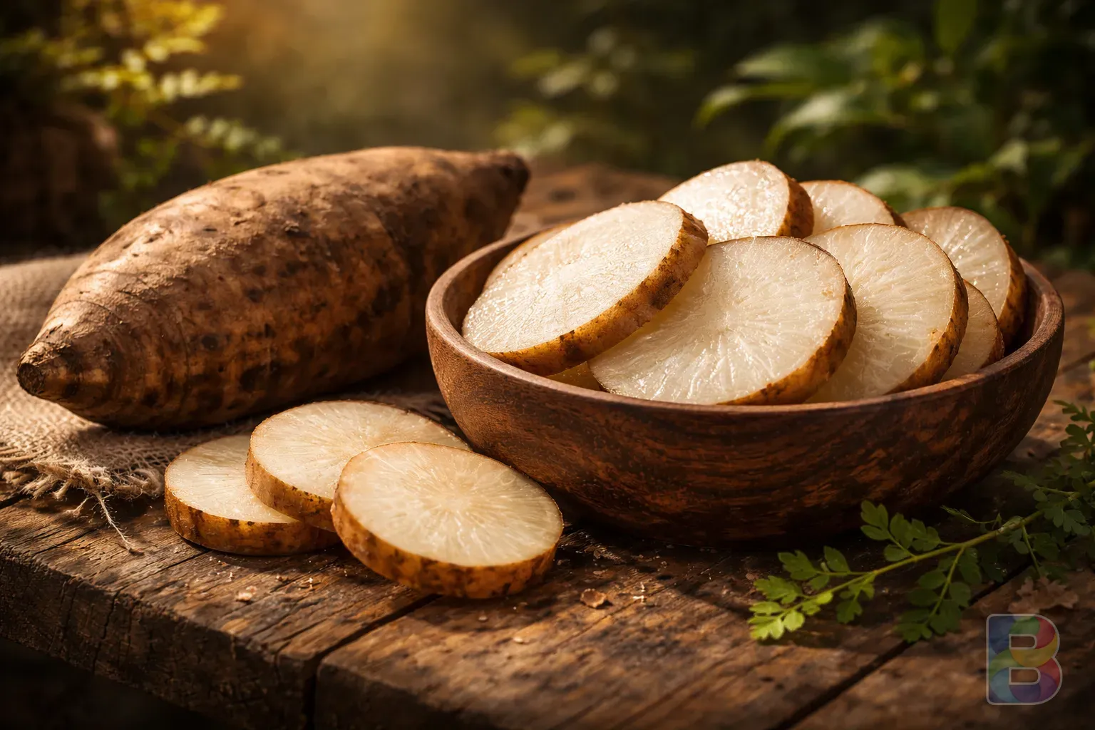 photorealistic, a whole yacon root next to a wooden bowl of sliced yacon, earthy textures, cinematic lighting, warm garden setting, 8k resolution