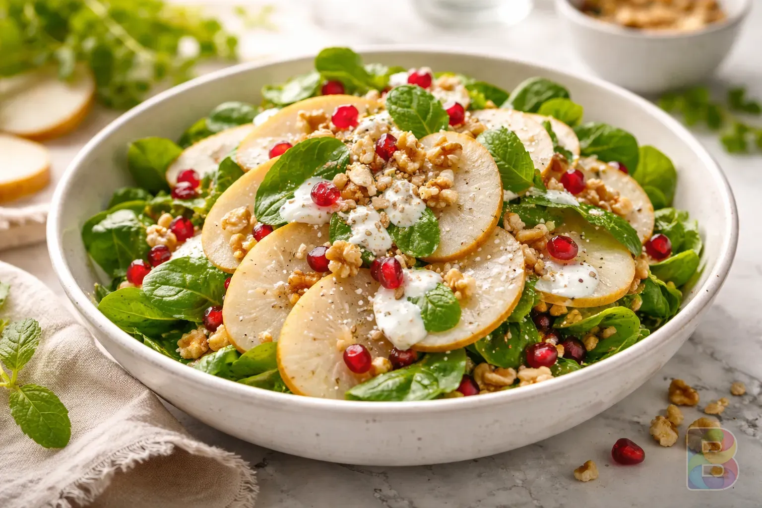 photorealistic, fresh yacon salad with yogurt and nuts, vibrant colors, soft focus background, high-end culinary photography, bright airy mood