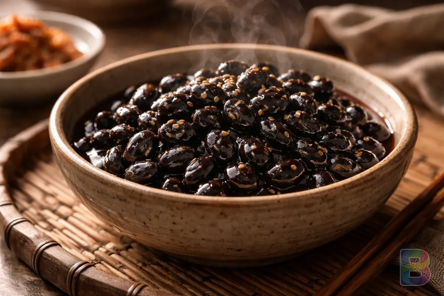 photorealistic, close-up of a steaming bowl of kong-japban (braised black beans) in a traditional Korean setting, soft morning light, warm atmosphere, macro photography