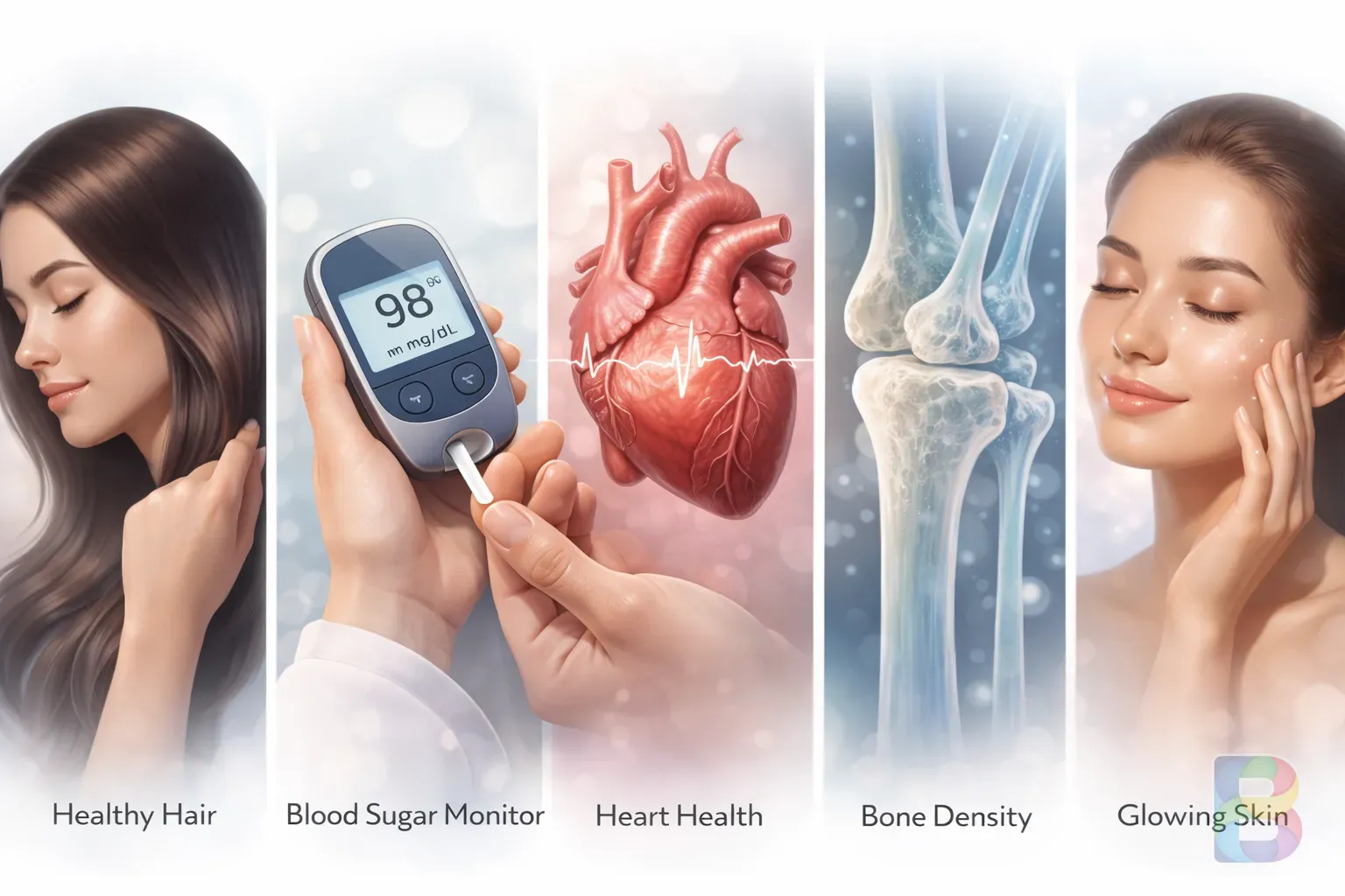 photorealistic, visual representation of 5 health benefits: healthy hair, blood sugar monitor, heart health, bone density, and glowing skin, arranged artistically, soft clinical lighting