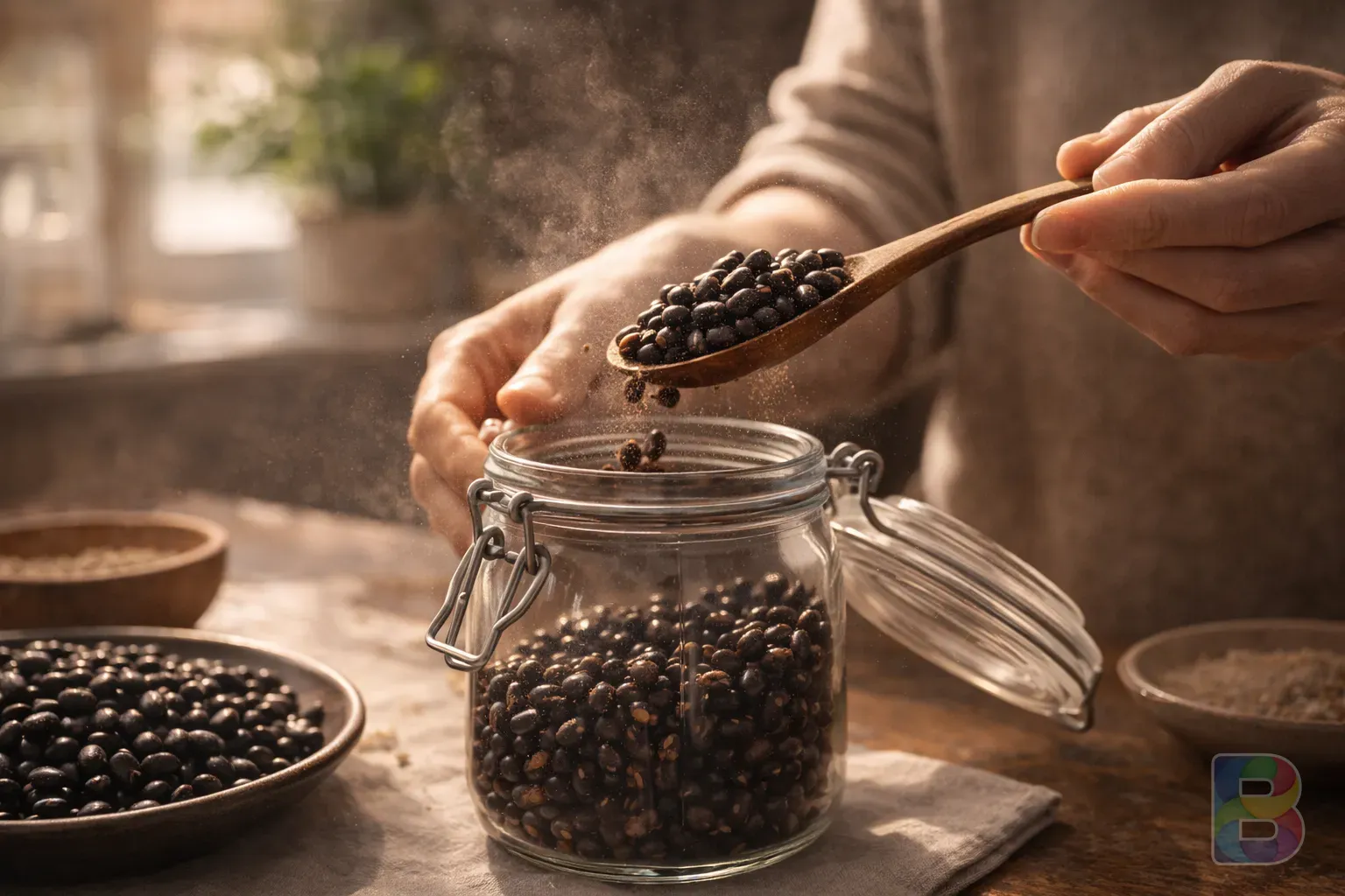 photorealistic, a person putting roasted black beans into a glass jar, warm kitchen environment, dust of bean flour in the air, cinematic lighting
