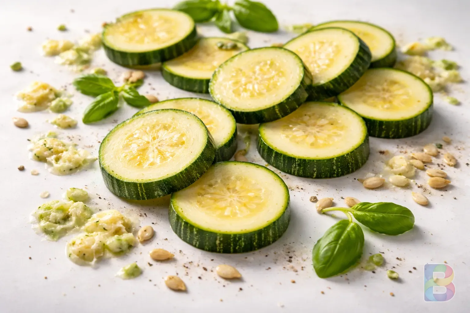 photorealistic, artistic arrangement of zucchini slices and seeds, soft natural light, clean clinical background, high resolution, cinematic composition
