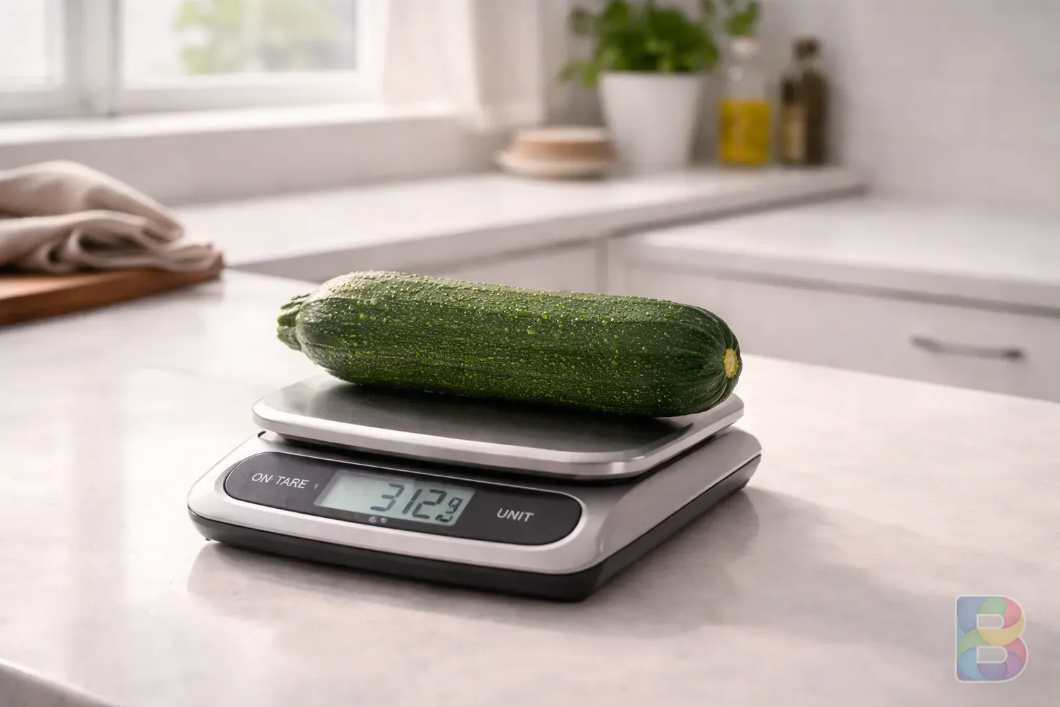 photorealistic, a digital scale showing the weight of one whole zucchini, clean minimalist kitchen, bright lighting, focus on the vegetable