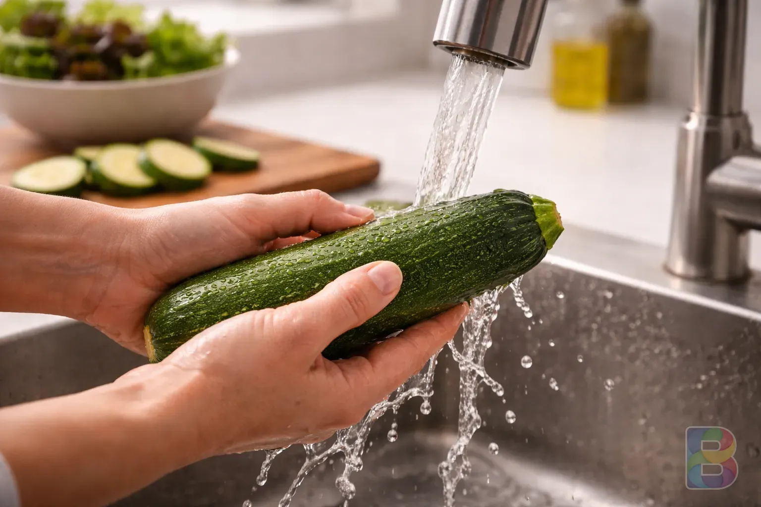 photorealistic, close-up of hands prepared to wash a zucchini under running water, fresh kitchen environment, cinematic lighting, focused action
